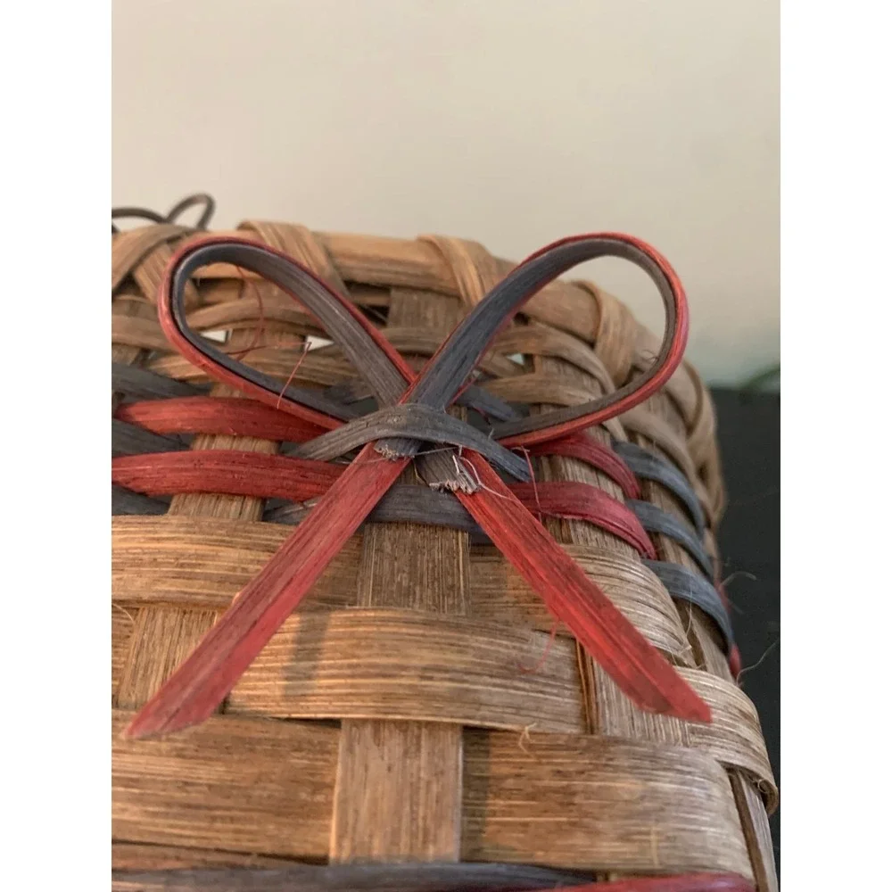 Vintage Mini Woven Basket Wire Handle Wooden Grip Country Decor Bow